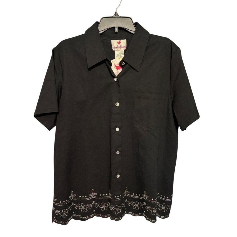 Quacker Factory Black Short Sleeve Button-Up Shirt Rhinestone Accents Size L NWT